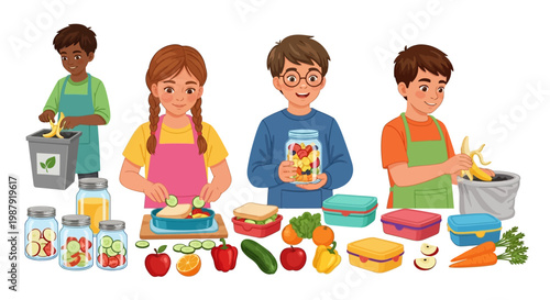 Illustrated Earth Day scene of four children preparing healthy lunches with fresh fruits and vegetables against a white background, promoting education about sustainability and waste