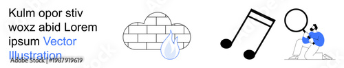 Climate change, music, research, infrastructure, observation, creativity. Cloud with raindrop, brick wall musical note person examining with magnifying glass. Climate change and research concepts