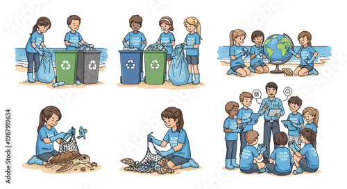 Illustrated scenes depict children in blue shirts collecting trash at the beach, sorting recyclables, learning about the globe, and rescuing a sea turtle tangled in plastic, against a white