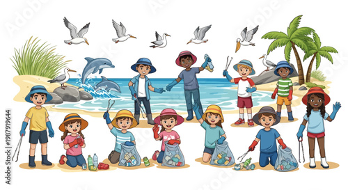 Illustrated group of diverse children collecting trash on a sandy beach with seagulls and dolphins in the background, promoting Earth Day education with a bright and cheerful color palette