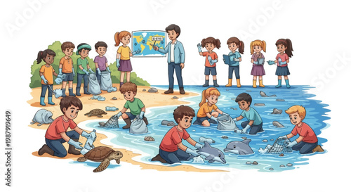 Illustrated scene depicts children participating in an Earth Day cleanup, collecting trash from a beach and ocean, with a teacher pointing at a world map, rendered in a cheerful, colorful