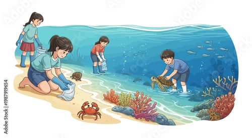 Children are depicted cleaning up a beach in a bright, illustrative scene with colorful coral and marine life, showcasing environmental awareness and Earth Day education in a warm