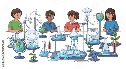 A whimsical illustration depicts children observing science experiments related to Earth Day, featuring water cycles, solar panels, wind turbines, and plants, all set against a bright white