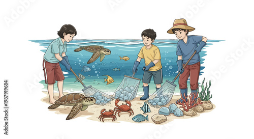 Illustrated scene of three children collecting plastic waste from a beach and ocean with a turtle, crab, and various fish, promoting Earth Day education in a detailed, colorful, cartoon