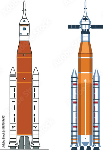 Vector illustration of two large space launch rockets with boosters, representing modern space exploration and aerospace technology.