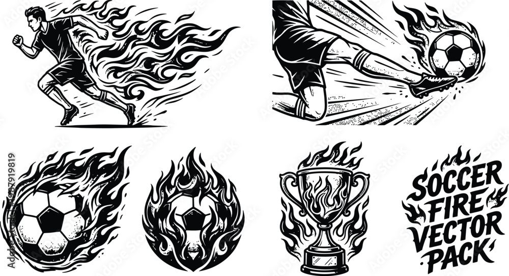 Obraz premium Soccer player kicking ball with flames and vector pack And FIFA World Cup 2026, FIFA World Cup, World Cup.