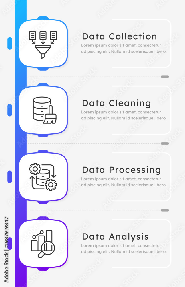 Naklejka premium Data transformation infographic 4 steps. Information, filtering, database maintenance. Statistical analysis, business intelligence. Editable thin line icons diagram process. Lexend font used