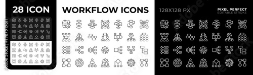 Workflow pixel perfect black and white line icons set. System for managing repetitive processes. Business organization. Outline iconset. Isolated monochrome illustrations. Editable stroke