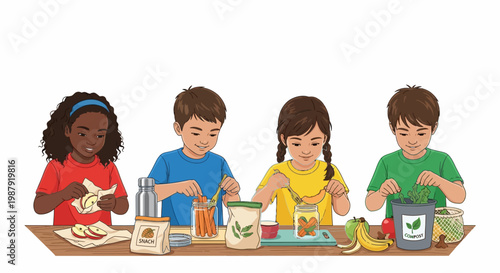 Illustration of four diverse children participating in an Earth Day activity, planting seeds in jars on a wooden table against a white background, with an educational and environmentally