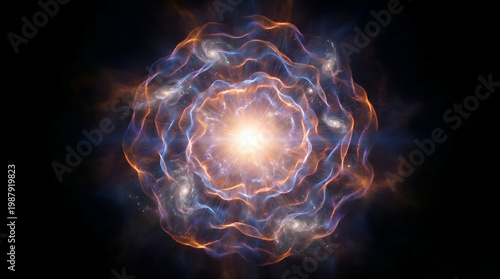 Abstract cosmic explosion with glowing energy waves and galaxies in deep space