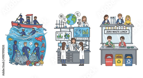 Illustrated scenes show children participating in Earth Day activities, including cleaning up the ocean, conducting scientific experiments, and preparing zero-waste lunches in a bright