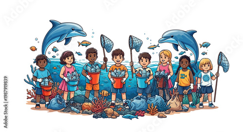 Illustrated group of diverse children standing with fishing nets and buckets filled with fish against an ocean backdrop with dolphins, conveying a joyful and educational mood