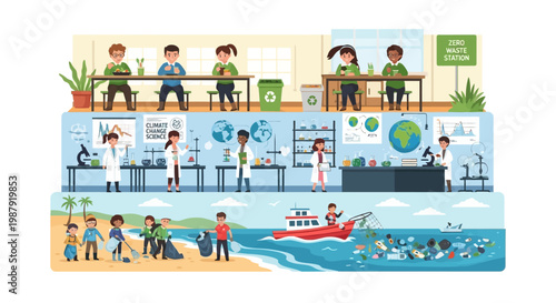 Illustration depicts children learning about Earth Day and environmental conservation in classrooms and on a beach, shown in a layered composition with a bright, educational feel