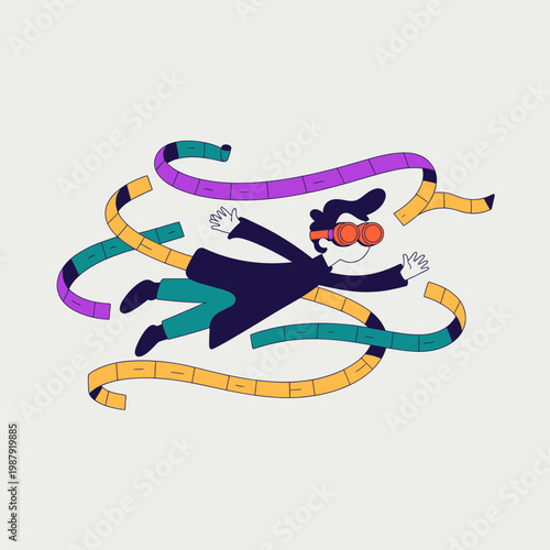 Cartoon Character Surrounded by Colorful Film Strips on White Background