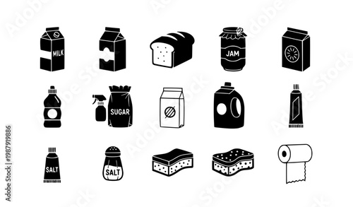 Grocery and Cleaning Product Icon Set with Food Packaging, Bread, Jam, Detergent, Spray, Sponge, and Household Essentials in Minimal Black Style