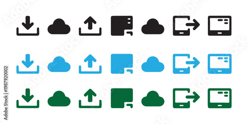 Data transfer cloud computing upload and download icon set in black blue and green colors on transparent background.