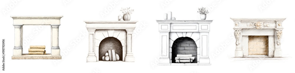 Fototapeta premium Elegant Fireplace Watercolor Collection: Four Unique Designs