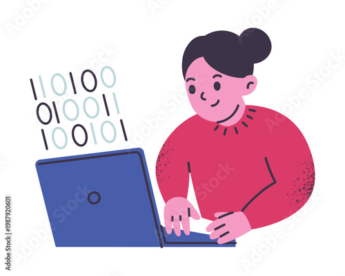 Young girl character at laptop learning coding, flat cartoon child programmer. Programming hobby and school lessons, kids computer science vector illustration, isolated colored scene