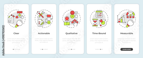 Fundamental okr rules onboarding mobile app screen. Data analytics. Walkthrough 5 steps editable graphic instructions with linear concepts. UI, UX, GUI. Montserrat SemiBold, Regular fonts used