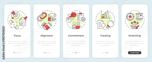 OKR workflow onboarding mobile app screen. Statistical metrics. Walkthrough 5 steps editable graphic instructions with linear concepts. UI, UX, GUI. Montserrat SemiBold, Regular fonts used