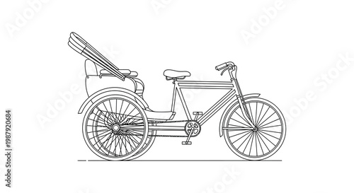 Detailed line art drawing of a rickshaw vehicle silhouette