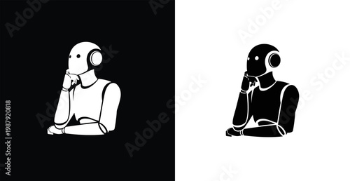 Foto A thought-provoking illustration of two robots in contrasting black and white ba