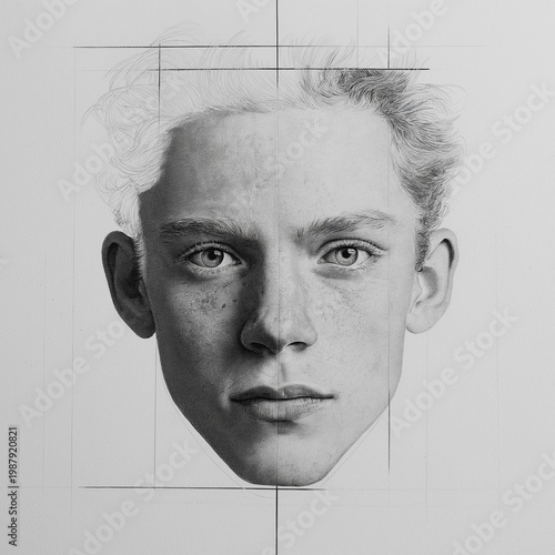 Young man with freckles and light hair in pencil drawing style  