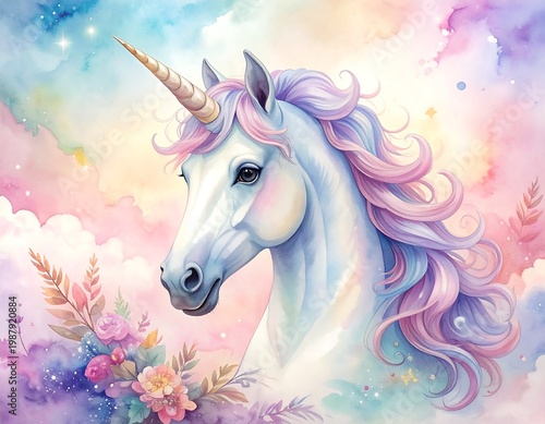 A majestic, watercolor-style unicorn with flowing pink and purple mane and tail, a golden horn, surrounded by flowers