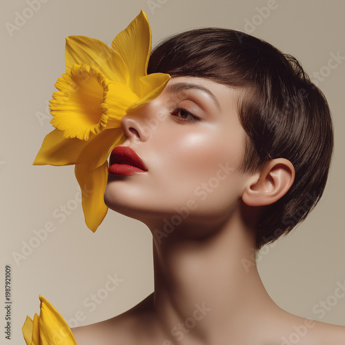 Young woman with short hair adorned by yellow flower on face  