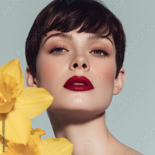 Young woman with short hair posing and holding yellow flowers  