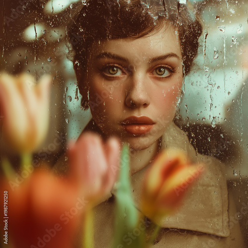 Young woman looking contemplative through rain-streaked window with tulips  