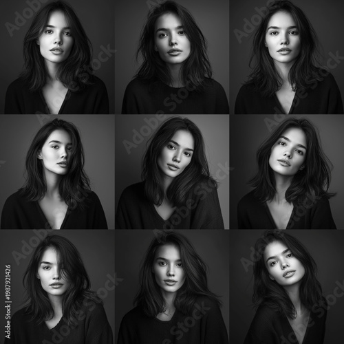 Young woman with long hair showing various expressions in monochrome  