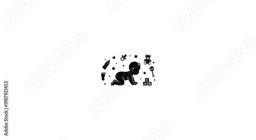 Baby crawling with toys and blocks a striking silhouette