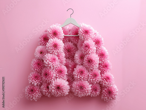 Floral coat adorned with pink flowers on hanger against pink background  