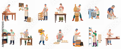 Collection of illustrations showing professional bakers performing various tasks like kneading, baking, mixing, and packing fresh bread in a commercial bakery setting.