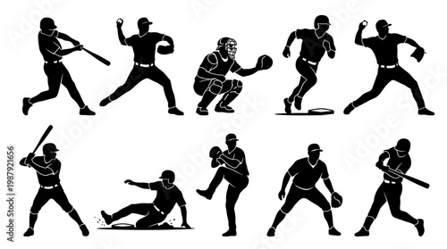 10 Man Playing Baseball Silhouette Vector Pack – Sport Action SVG Collection