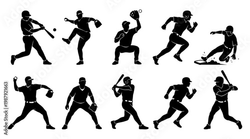 10 Man Playing Baseball Silhouette Vector Pack – Sport Action SVG Collection