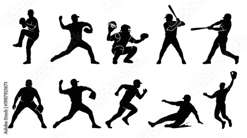 10 Man Playing Baseball Silhouette Vector Pack – Sport Action SVG Collection
