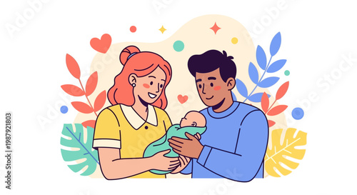 Midwife Teaching Father Baby Care Skills Flat Design