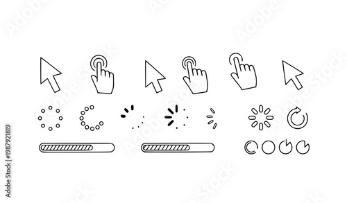 Thin line cursor and click interaction icons with loading spinner and progress indicators for UI design