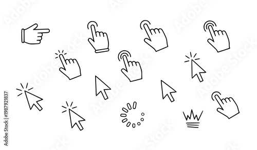 Minimal cursor and hand click line icons collection with loading waiting and progress interaction symbols
