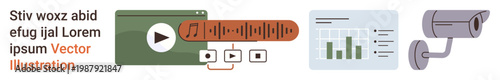 Media streaming, video playback, analytics, security monitoring, online interface, technology management. Video player icons, data chart security camera. Media streaming and analytics concept