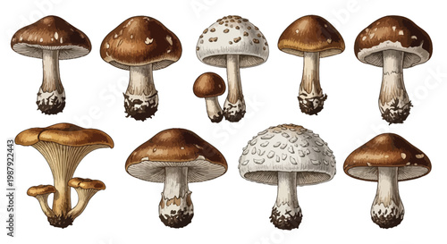 A vintage botanical illustration depicts a diverse collection of various mushroom species