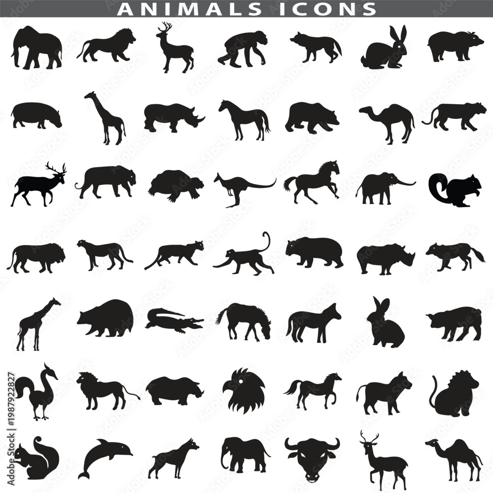 Fototapeta premium Animal silhouette collection. Set of black animal silhouette. Animal icons. Mammal, fish, insects, birds, reptiles silhouette collection. Wild, domestic animals icons