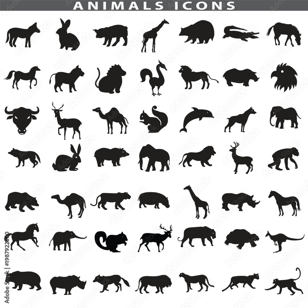 Fototapeta premium Animal silhouette collection. Set of black animal silhouette. Animal icons. Mammal, fish, insects, birds, reptiles silhouette collection. Wild, domestic animals icons