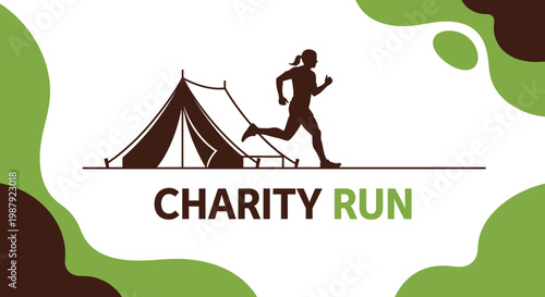 Charity Run Event Logo Depicting A Silhouette Runner, Camping Tent, And Organic Design