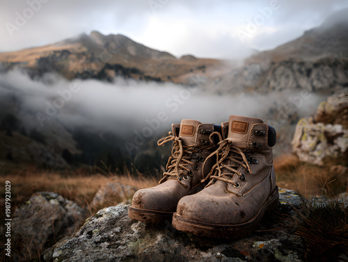Dirty hiking boots sit on a rock with mountains and fog in the background near a hiking trail at sunrise