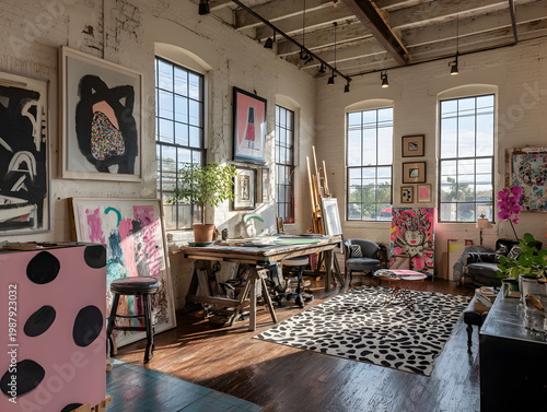 Creative space in an art studio with paintings and natural light in the afternoon