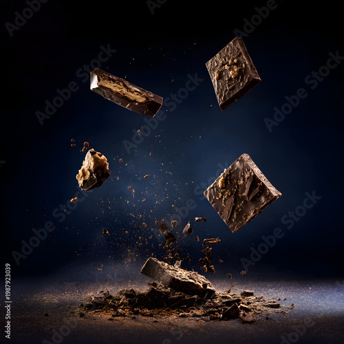 Chunks of chocolate breaking apart in mid-air with pieces scattering on a dark background during a creative food photography shoot