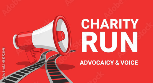 Charity Run Event, Advocacy And Voice Illustration, With Red and White Megaphone On Red Background